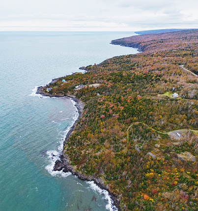 Aerial drone view of Nova Scotian coastline on the Bay of Fundy coast.