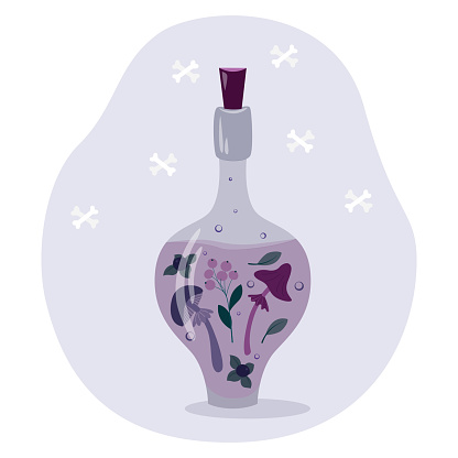 Lapel potion. Witch magic drink. Bottle of poisonous decoction. Belladonna juice. Halloween. Vector illustration.