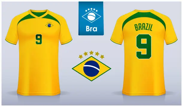 Vector illustration of Set of soccer jersey or football kit template design for Brazil national football team. Front and back view soccer uniform. Yellow Football t shirt mock up with flat logo.