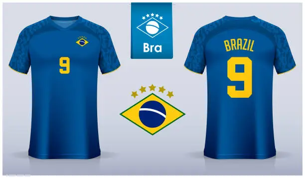 Vector illustration of Set of soccer jersey or football kit template design for Brazil national football team. Front and back view soccer uniform. Blue Football t shirt mock up with flat logo.