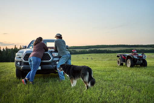Rear view of a man and woman using laptop on their car hood with a dog and quad bike on grassy farm field
