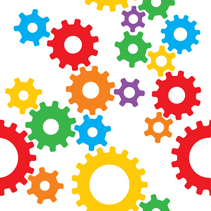 Vector illustration of colorful gears on a square white background.