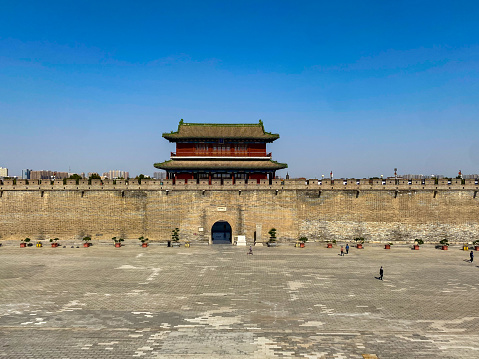 Shijiazhuang, Hebei, China- October 16, 2022: Other than Beijing, Nanjing and Xi'an, there many small but with long history cities or towns. Zhengding, a county under Shijiazhuang, the capital of Hebei Province, is a remarkable ancient city with over 3000 years long history. Here is the south gate tower of the ancient city wall.