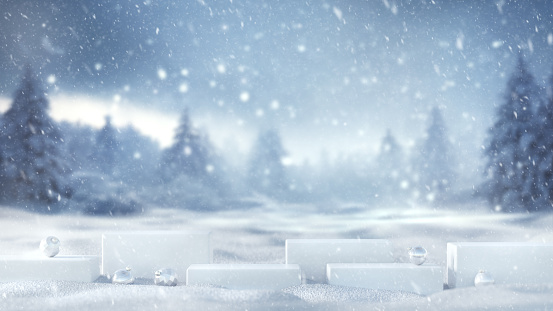 Background Christmas and new year winter holiday concept. Minimal white stage podium with bauble ball and snowfall on snow background, 3d rendering.