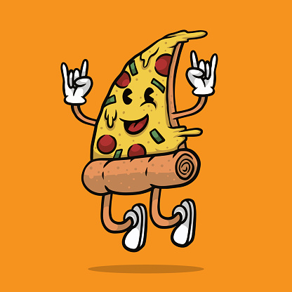 Pizza jumping mascot illustration vector The Concept of Isolated Technology. Flat Cartoon Style Suitable for Landing Web Pages, Banners, Flyers, Stickers, Cards