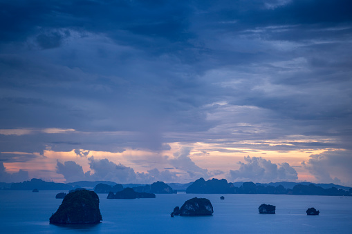 View from Khaothong hill in dusk, multiple tropical islands in Andaman sea
