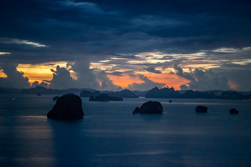 View from Khaothong hill in dusk, multiple tropical islands in Andaman sea