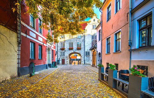 Autumn in old district of European town