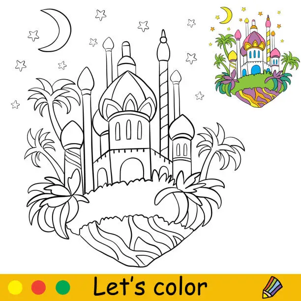 Vector illustration of Cartoon magical oriental castle coloring book page vector