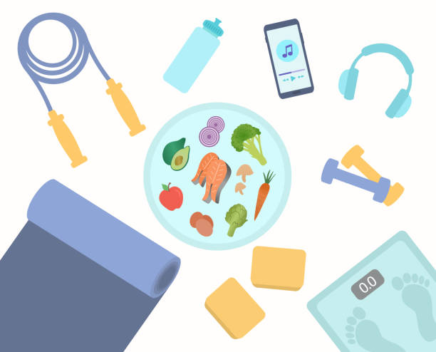 bildbanksillustrationer, clip art samt tecknat material och ikoner med high angle view of sports equipment with healthy food plate. healthy living, wellness and self care concept - wasted food