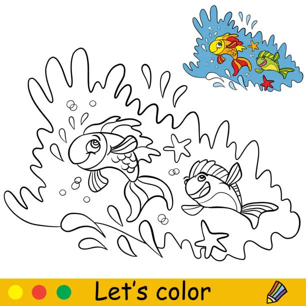 Vector illustration of Cartoon cute and joyful fishes coloring book page vector
