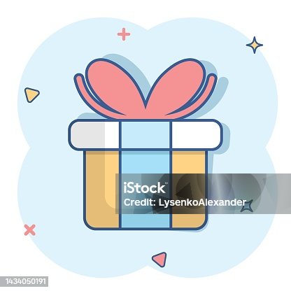 istock Gift box icon in comic style. Present package cartoon vector illustration on white isolated background. Surprise splash effect business concept. 1434050191