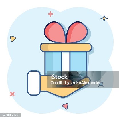 istock Gift box icon in comic style. Present on hand cartoon vector illustration on white isolated background. Surprise splash effect business concept. 1434050218