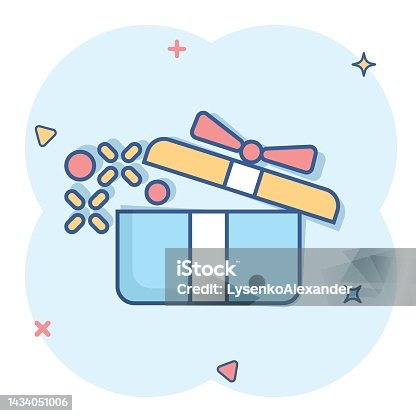 istock Gift box icon in comic style. Magic case vector cartoon illustration on white isolated background. Present business concept splash effect. 1434051006