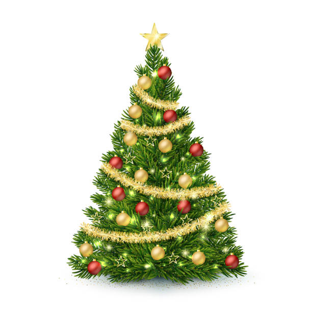 realistischer weihnachtsbaum mit lichtern, roten und goldenen weihnachtskugeln, goldener lametta-girlande und sternen. - weihnachtsbaum stock-grafiken, -clipart, -cartoons und -symbole