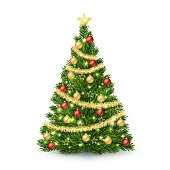 istock Realistic Christmas Tree with lights, red and gold Christmas balls, gold tinsel garland and stars. 1434052446