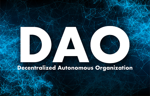 DAO, Decentralized Autonomous Organization, leadership by code and blockchain. Vector stock illustration