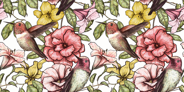 Seamless floral pattern with hummingbirds. Exotic tropical vintage wallpaper. Hand-drawn watercolor illustration. Luxury background for wallpapers, cloth, fabric print, gift paper