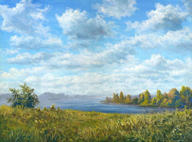 Painted Indian Summer river in autumn on a sunny day, painting watercolor painting landscapes stock illustrations