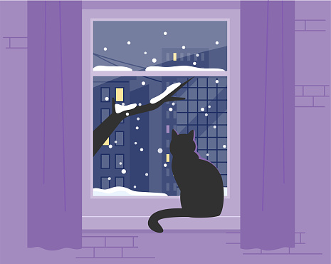 A black cat is sitting by the window and looking at the snowy landscape outside. flat vector illustration.