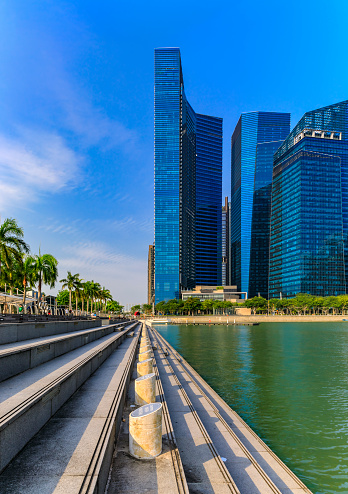 Panorama with downtown skyscrapers of the city business district skyline at Marina Bay in Singapore