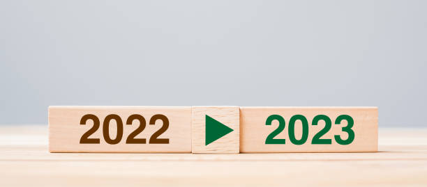 2023 and 2022 wooden block on table background. Resolution, strategy, countdown, goal, change and New Year holiday concepts