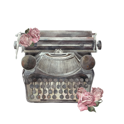 Typewriter, flowers, bow. Watercolor. Isolated. For advertising, banners, posters, templates, stickers, templates, labels. Women's theme, wedding, beauty, fashion, vintage, theater, holidays, celebrations