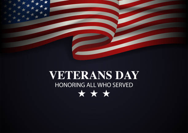 illustrazioni stock, clip art, cartoni animati e icone di tendenza di bandiera americana svolazzante su sfondo scuro - us veterans day