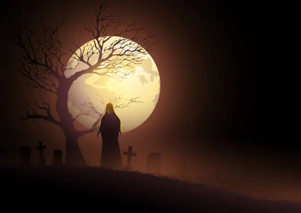 Vector illustration of Scary woman figure with long hair on graveyard near dried tree