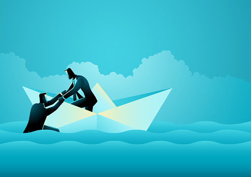 Businessman on paper boat helping other businessman who is drowning, vector illustration