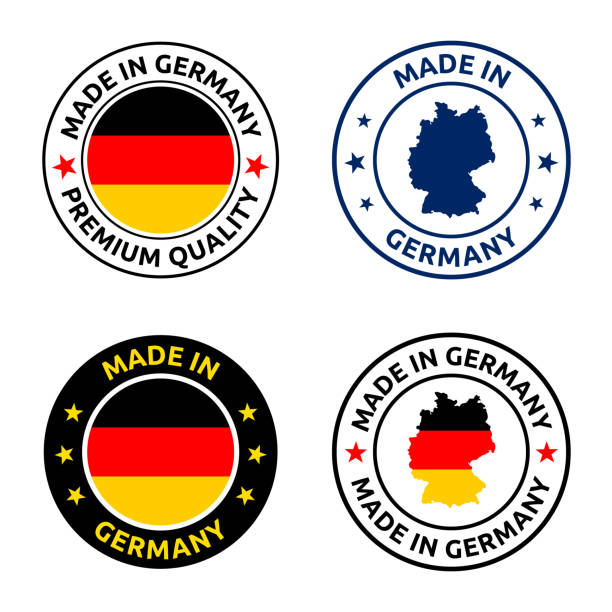 made in germany stempelset, deutsches produktetikett - germany postage stamp yellow red stock-grafiken, -clipart, -cartoons und -symbole