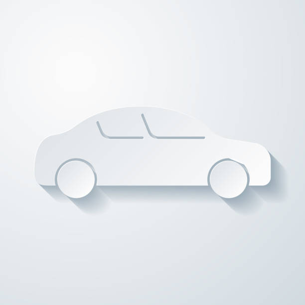 ilustrações, clipart, desenhos animados e ícones de carro - vista lateral. ícone com efeito de corte de papel em fundo em branco - taxi car three dimensional shape isolated