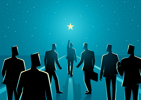 Man points to the star and leads his friends to follow him on his way forward, success journey, leadership, vector illustration
