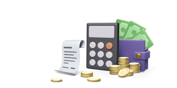 ilustrações de stock, clip art, desenhos animados e ícones de 3d calculator wallet with paper currency and bill with gold coins stack. accounting and finance calculation concept. money management and savings - currency exchange tax finance trading