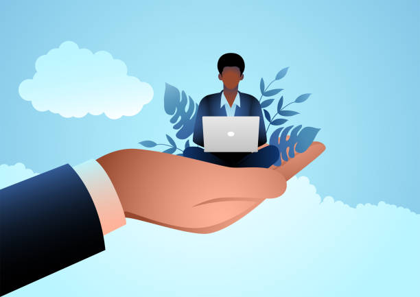 Giant hand holding a black businessman who works on laptop vector art illustration
