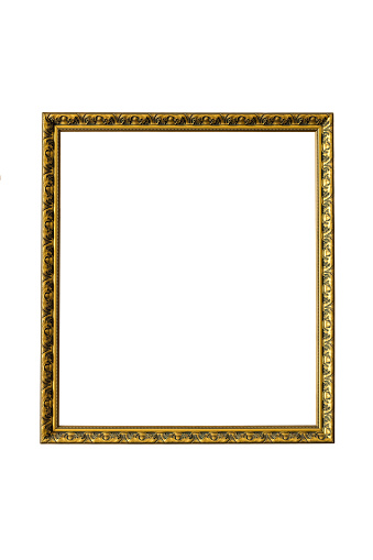 Antique thin wooden frame with patterned carved frames for paintings or photographs with gilding, highlighted on a white background. Blank for the designer.
