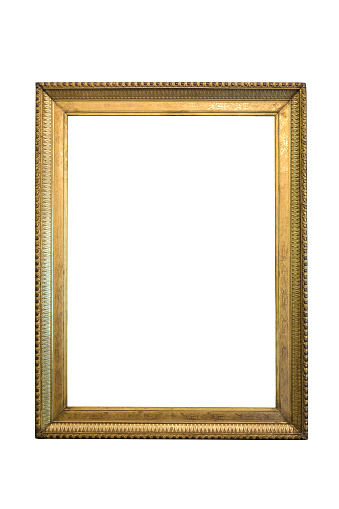 Vintage frame for photos or paintings with gilding on wood with uneven lighting. Rectangular vertical. Blank for the designer.