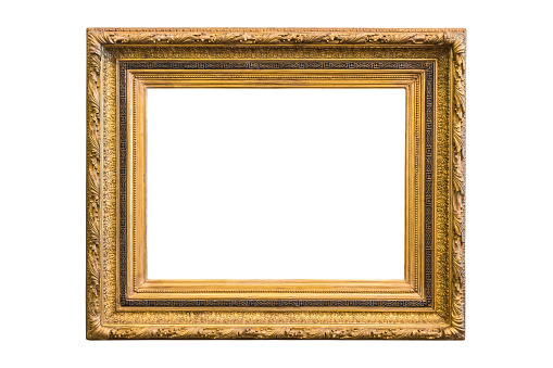 Antique wooden multi-tiered frame with patterned frames for paintings or photographs with gilding, highlighted on a white background. Blank for the designer.