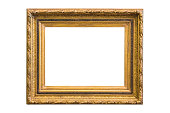 istock Antique wooden multitiered frame with patterned frames for paintings or photographs with gilding, highlighted on a white background. 1434058830