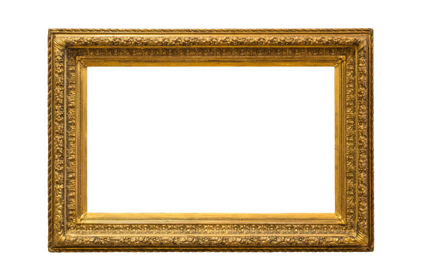 istock Antique wooden multi-tiered frame with patterned carved frames for paintings or photographs with gilding, highlighted on a white background. 1434058832