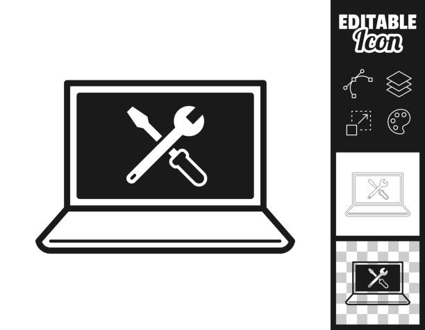 laptop-einstellungen - extras. icon für design. leicht editierbar - computer repairing work tool clipping path stock-grafiken, -clipart, -cartoons und -symbole