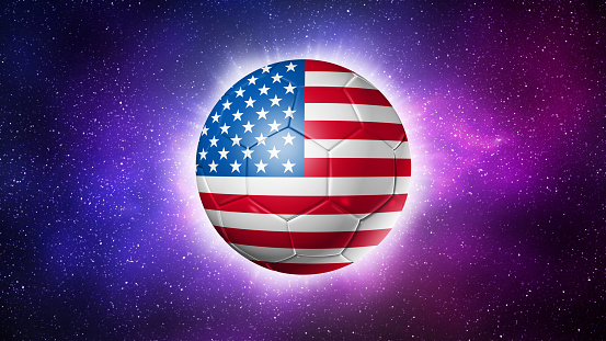 3D soccer ball with USA team flag, football 2022. Space background. Illustration