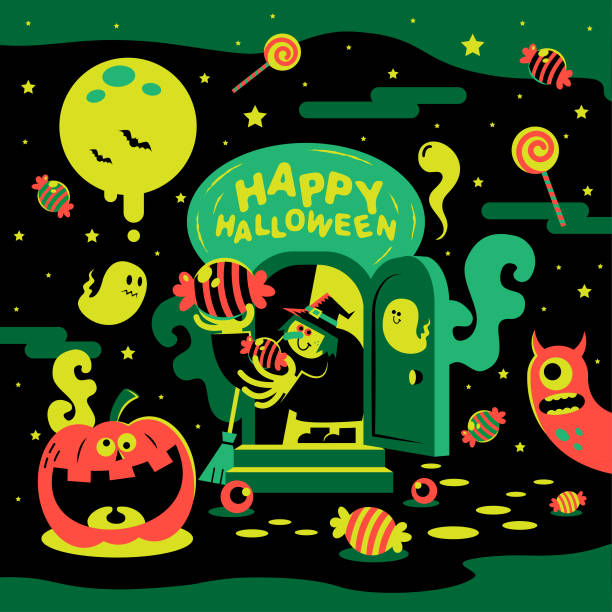 ilustrações de stock, clip art, desenhos animados e ícones de it’s halloween time, and witch opens the door and gives sweet candy - witch voodoo smiling bizarre