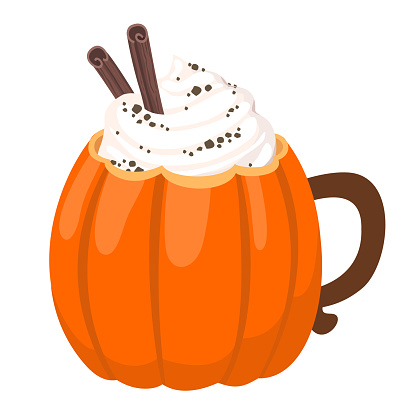 Cinnamon pumpkin latte cup. Cup in the shape of a pumpkin. Pumpkin coffee with cream.