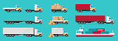 istock Truck semi van vehicles commercial mockup flat vector or delivery logistic trailer lorries side view 3d, industry freight ship vessel isolated set cartoon graphic, cargo cars for shipping clipart 1434060642
