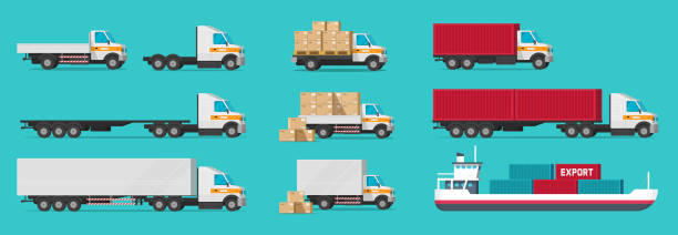 Truck semi van vehicles commercial mockup flat vector or delivery logistic trailer lorries side view 3d, industry freight ship vessel isolated set cartoon graphic, cargo cars for shipping clipart Truck semi van vehicles commercial mockup flat vector or delivery logistic trailer lorries side view 3d, industry freight ship vessel isolated set cartoon graphic, cargo cars for shipping boat trailer stock illustrations