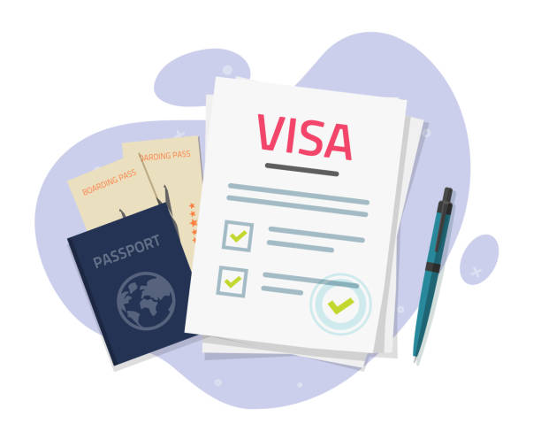 ilustrações de stock, clip art, desenhos animados e ícones de visa application approved with stamp and passport tickets vector for international foreign travel flat graphic illustration image - emigration and immigration passport passport stamp usa