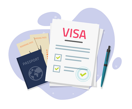 Visa application approved with stamp and passport tickets vector for international foreign travel flat graphic illustration