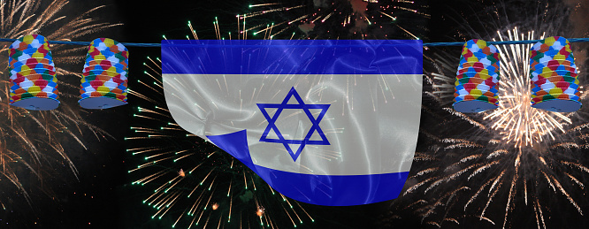 Panoramic of a firework  Garland of lanterns and Israeli flag  Festivities  Public event