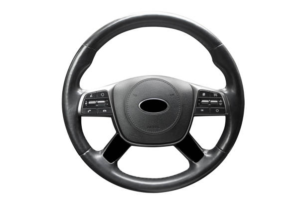 Modern car interior. Steering wheel with media phone control buttons isolated on white background. Car interior details. Steering wheel isolated on white background